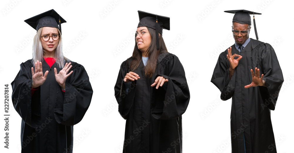 Collage of group of young student people wearing univerty graduated uniform over isolated background disgusted expression, displeased and fearful doing disgust face because aversion reaction