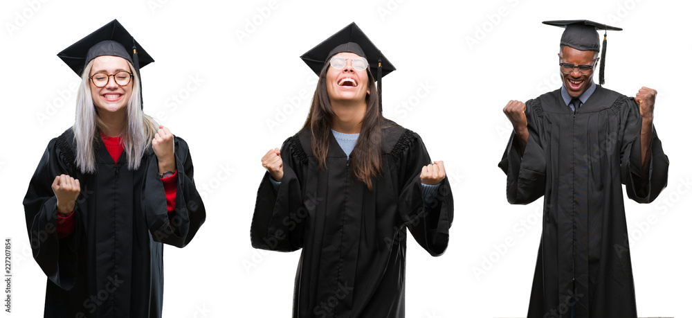 Collage of group of young student people wearing univerty graduated uniform over isolated background very happy and excited doing winner gesture with arms raised, smiling and screaming for success