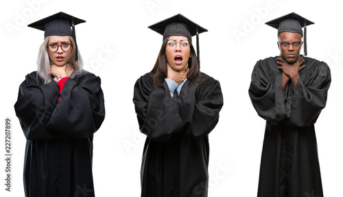 Fotografía Collage of group of young student people wearing univerty graduated uniform over isolated background shouting and suffocate because painful strangle