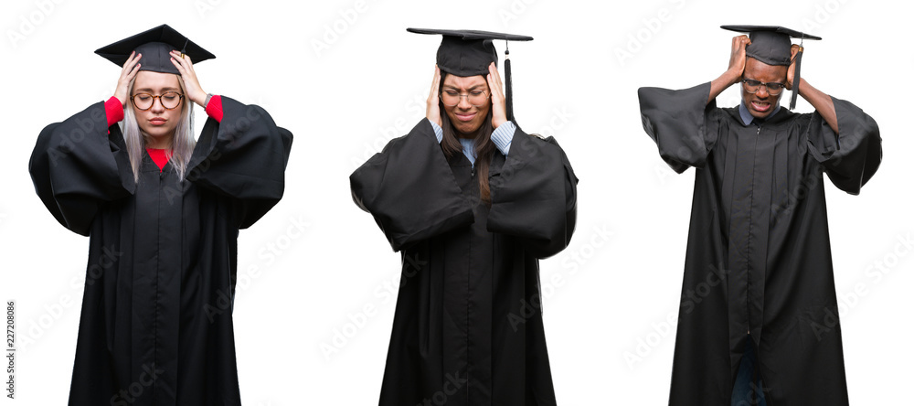 Collage of group of young student people wearing univerty graduated uniform over isolated background suffering from headache desperate and stressed because pain and migraine. Hands on head.