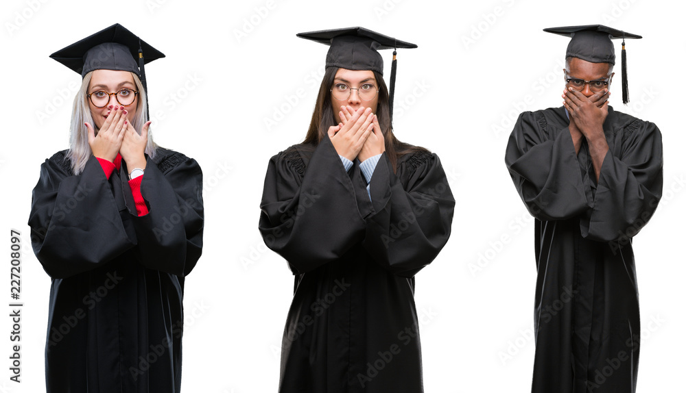 Collage of group of young student people wearing univerty graduated uniform over isolated background shocked covering mouth with hands for mistake. Secret concept.