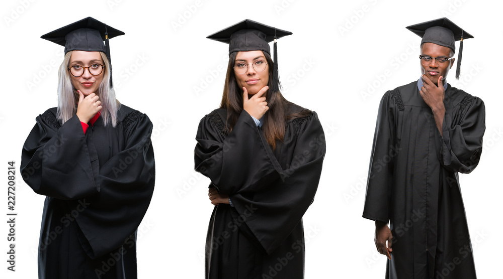 Collage of group of young student people wearing univerty graduated uniform over isolated background looking confident at the camera with smile with crossed arms and hand raised on chin