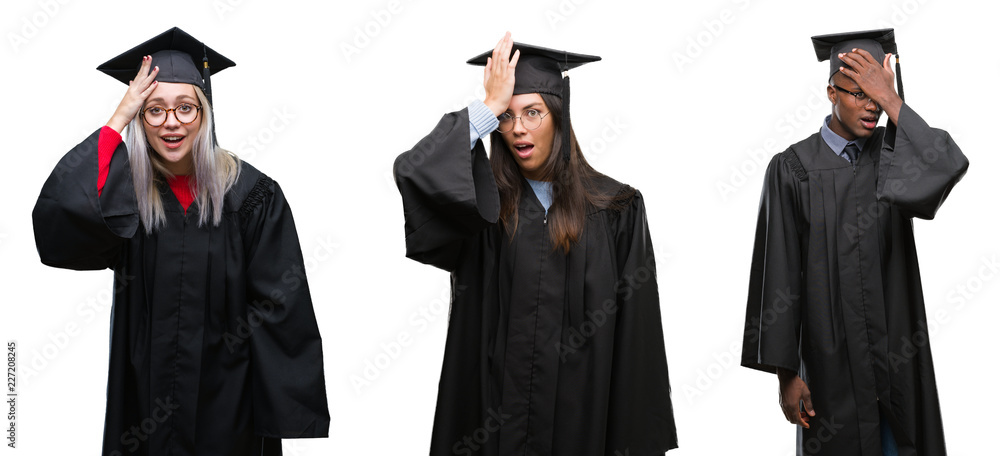 Collage of group of young student people wearing univerty graduated uniform over isolated background surprised with hand on head for mistake, remember error. Forgot, bad memory concept.