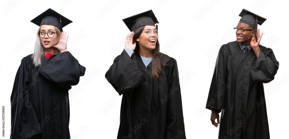 Collage of group of young student people wearing univerty graduated uniform over isolated background smiling with hand over ear listening an hearing to rumor or gossip. Deafness concept.