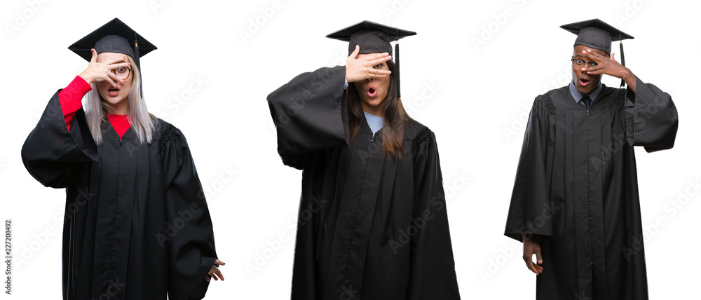 Collage of group of young student people wearing univerty graduated uniform over isolated background peeking in shock covering face and eyes with hand, looking through fingers embarrassed