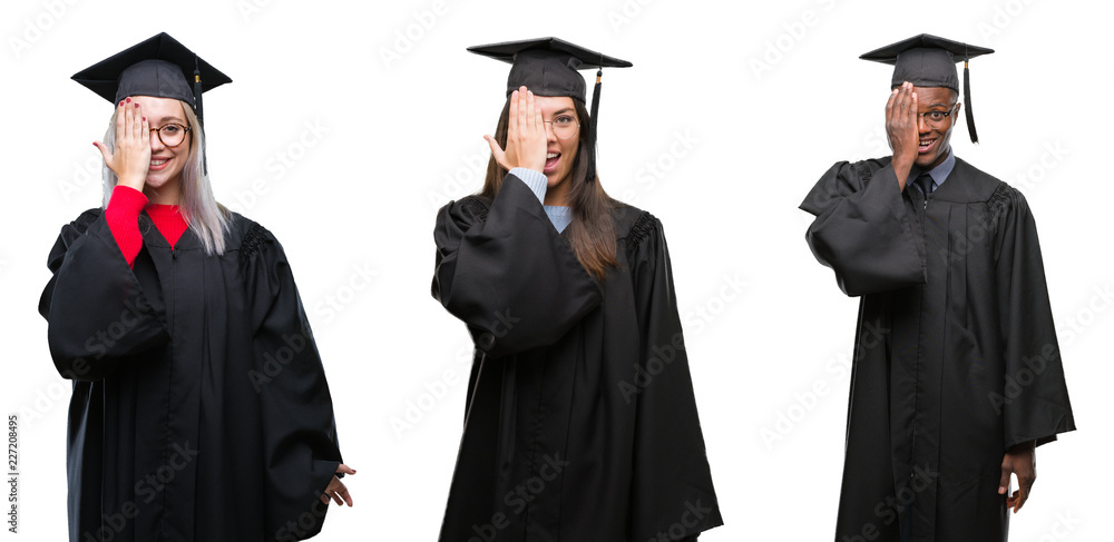 Collage of group of young student people wearing univerty graduated uniform over isolated background covering one eye with hand with confident smile on face and surprise emotion.