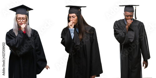 Collage of group of young student people wearing univerty graduated uniform over isolated background feeling unwell and coughing as symptom for cold or bronchitis. Healthcare concept.