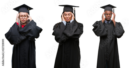 Collage of group of young student people wearing univerty graduated uniform over isolated background with hand on head for pain in head because stress. Suffering migraine.