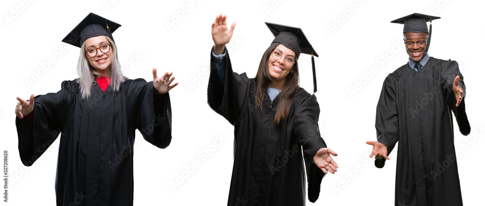 Collage of group of young student people wearing univerty graduated uniform over isolated background looking at the camera smiling with open arms for hug. Cheerful expression embracing happiness.