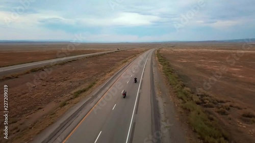 Drone view of road with motorcicles traffic near Moab - Utah - USA photo