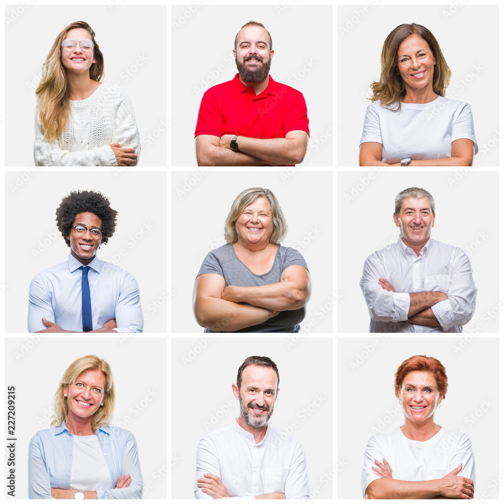 Collage of group of young, middle age and senior people over isolated background happy face smiling with crossed arms looking at the camera. Positive person. Collage of group of young, middle age and senior people over isolated background happy face smiling with crossed arms looking at the camera. Positive person.