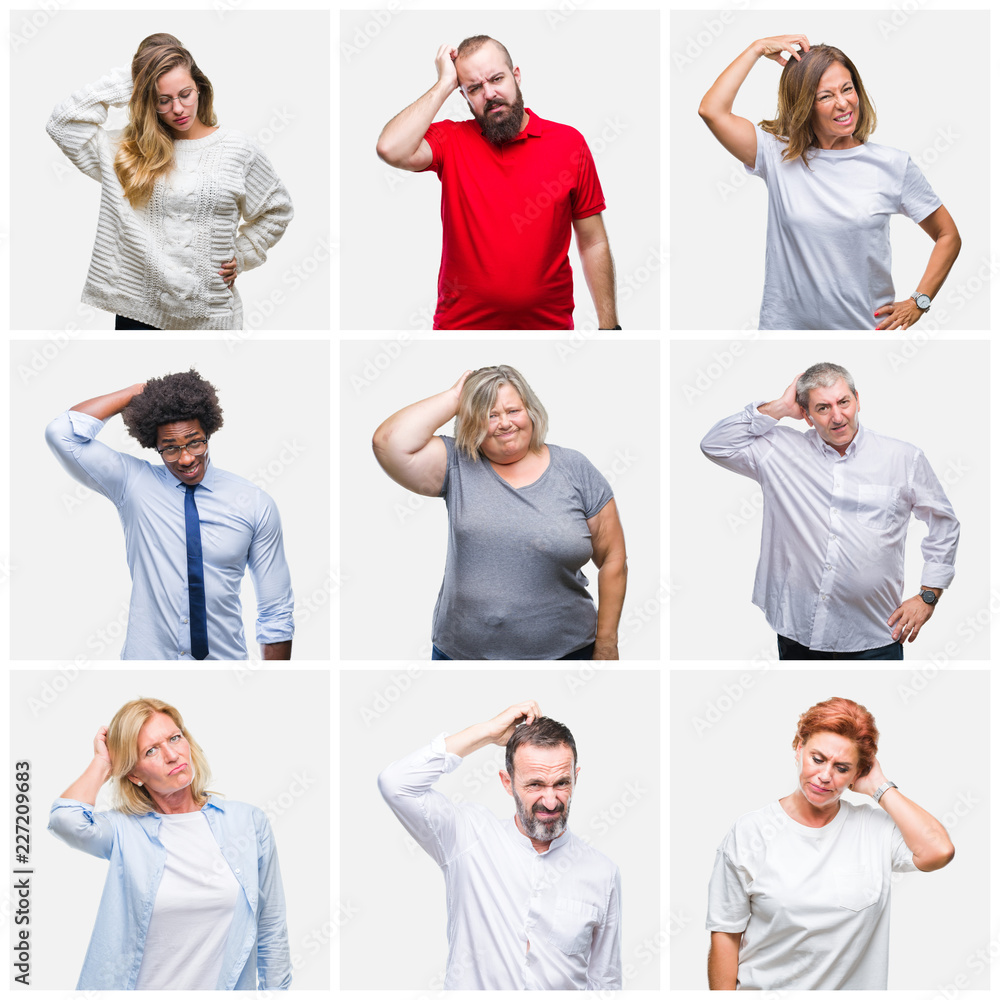 Collage of group of young, middle age and senior people over isolated background confuse and wonder about question. Uncertain with doubt, thinking with hand on head. Pensive concept. Collage of group of young, middle age and senior people over isolated background confuse and wonder about question. Uncertain with doubt, thinking with hand on head. Pensive concept.