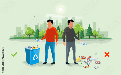 Correct and wrong behavior of littering waste. Person disposed improperly throwing away garbage on the floor. Trash is fallen on the ground. Littering garbage. Littering trash. Rubbish on the ground. photo