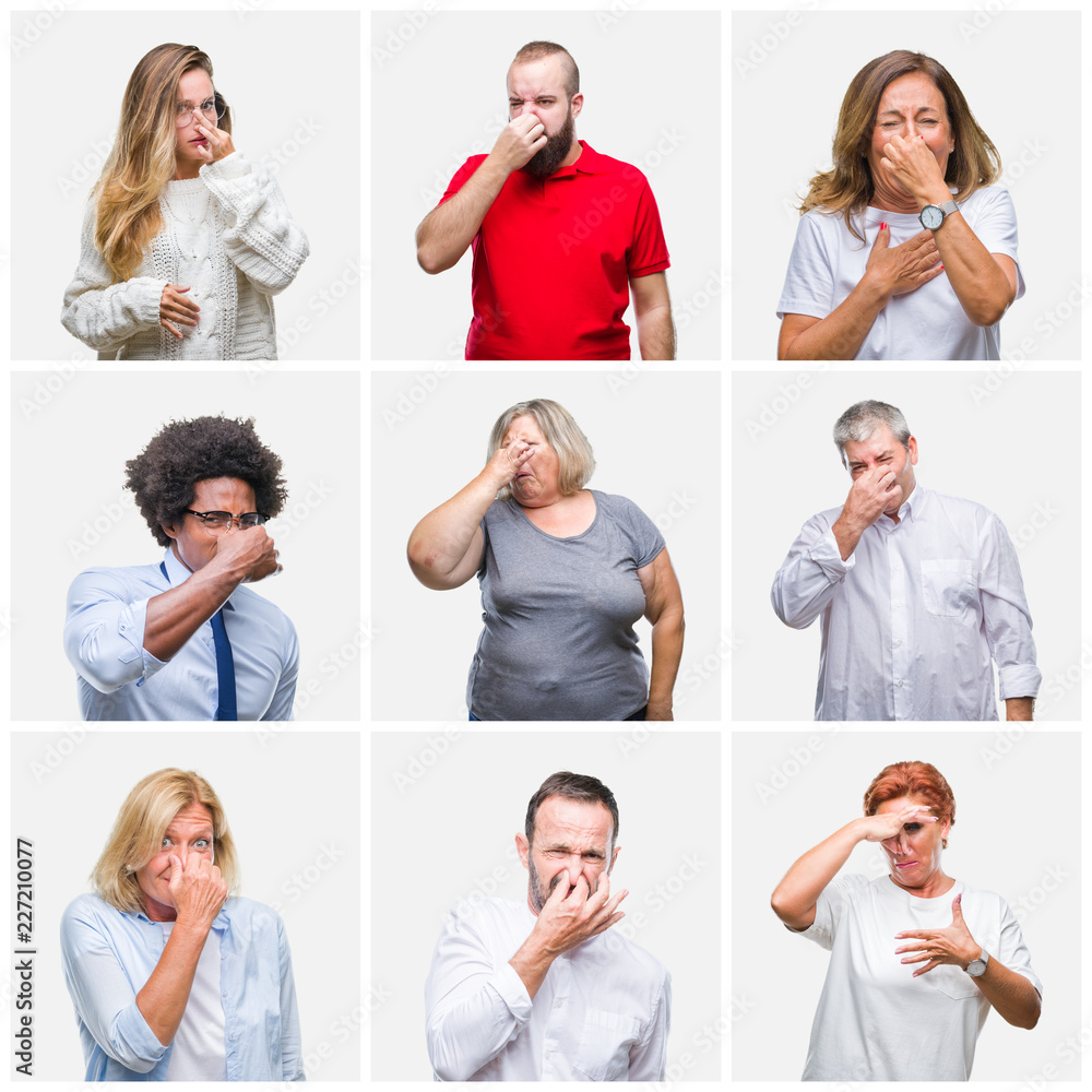 Collage of group of young, middle age and senior people over isolated background smelling something stinky and disgusting, intolerable smell, holding breath with fingers on nose. Bad smells concept. Collage of group of young, middle age and senior people over isolated background smelling something stinky and disgusting, intolerable smell, holding breath with fingers on nose. Bad smells concept.