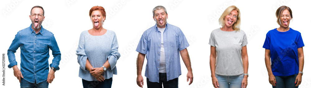 Collage of group of middle age and senior people over isolated background sticking tongue out happy with funny expression. Emotion concept. Collage of group of middle age and senior people over isolated background sticking tongue out happy with funny expression. Emotion concept.