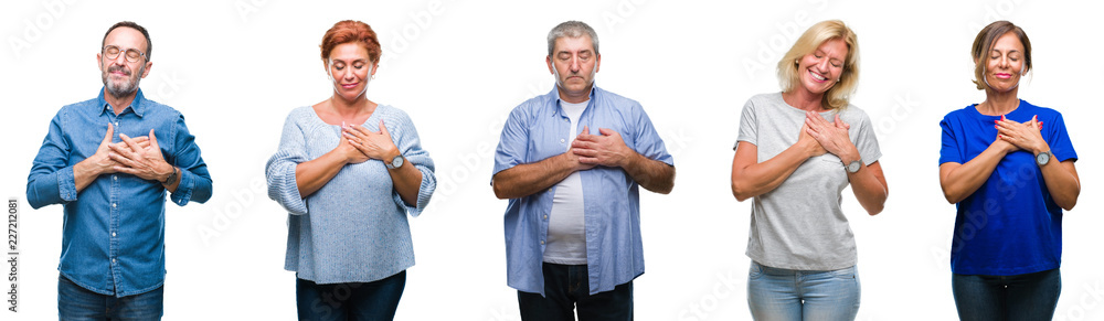 Collage of group of middle age and senior people over isolated background smiling with hands on chest with closed eyes and grateful gesture on face. Health concept. Collage of group of middle age and senior people over isolated background smiling with hands on chest with closed eyes and grateful gesture on face. Health concept.