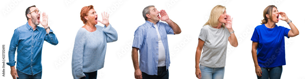 Collage of group of middle age and senior people over isolated background shouting and screaming loud to side with hand on mouth. Communication concept. Collage of group of middle age and senior people over isolated background shouting and screaming loud to side with hand on mouth. Communication concept.