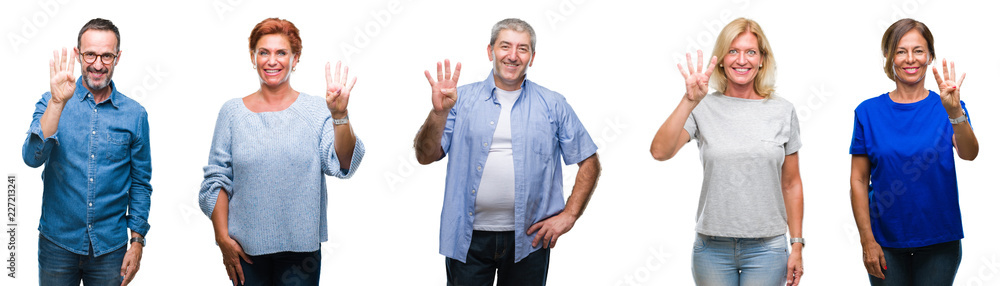 Collage of group of middle age and senior people over isolated background showing and pointing up with fingers number four while smiling confident and happy. Collage of group of middle age and senior people over isolated background showing and pointing up with fingers number four while smiling confident and happy.