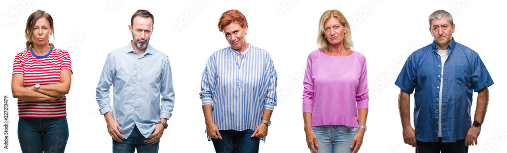 Collage of group of middle age and senior people over isolated background depressed and worry for distress, crying angry and afraid. Sad expression. Collage of group of middle age and senior people over isolated background depressed and worry for distress, crying angry and afraid. Sad expression.