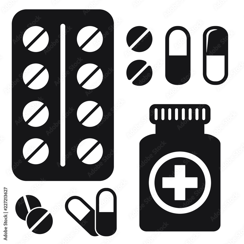 Pills bottle icon. Capsules and pills icon vector. Health Care Vector illustration Pills bottle icon. Capsules and pills icon vector. Health Care Vector illustration