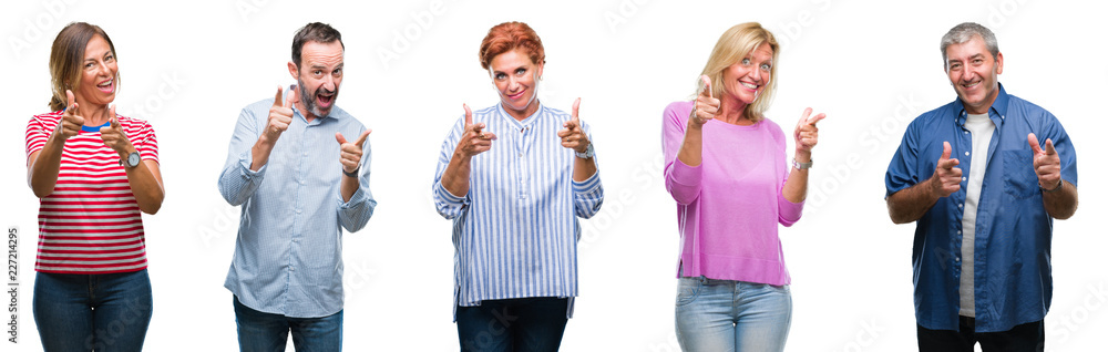 Collage of group of middle age and senior people over isolated background pointing fingers to camera with happy and funny face. Good energy and vibes. Collage of group of middle age and senior people over isolated background pointing fingers to camera with happy and funny face. Good energy and vibes.