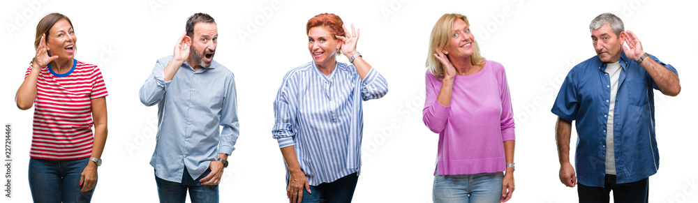 Collage of group of middle age and senior people over isolated background smiling with hand over ear listening an hearing to rumor or gossip. Deafness concept.