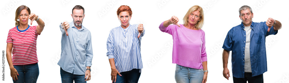 Collage of group of middle age and senior people over isolated background looking unhappy and angry showing rejection and negative with thumbs down gesture. Bad expression. Collage of group of middle age and senior people over isolated background looking unhappy and angry showing rejection and negative with thumbs down gesture. Bad expression.