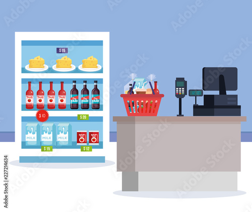 supermarket refrigerator with products and sale point