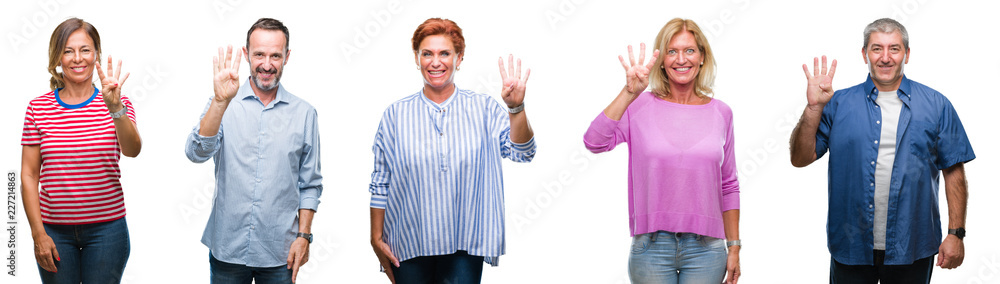 Collage of group of middle age and senior people over isolated background showing and pointing up with fingers number four while smiling confident and happy. Collage of group of middle age and senior people over isolated background showing and pointing up with fingers number four while smiling confident and happy.