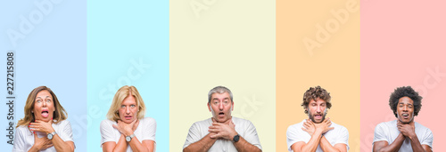 Fotografía Collage of group of young and middle age people wearing white t-shirt over color isolated background shouting and suffocate because painful strangle