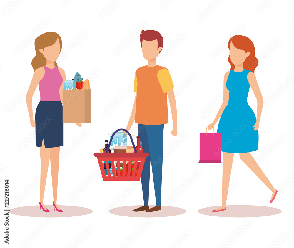 group of young people shopping characters group of young people shopping characters