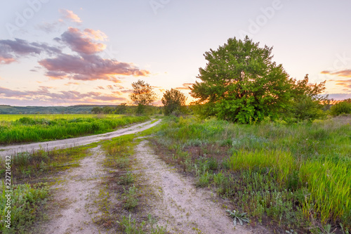The crossroad of rural unpaved roads in the field in sunset time