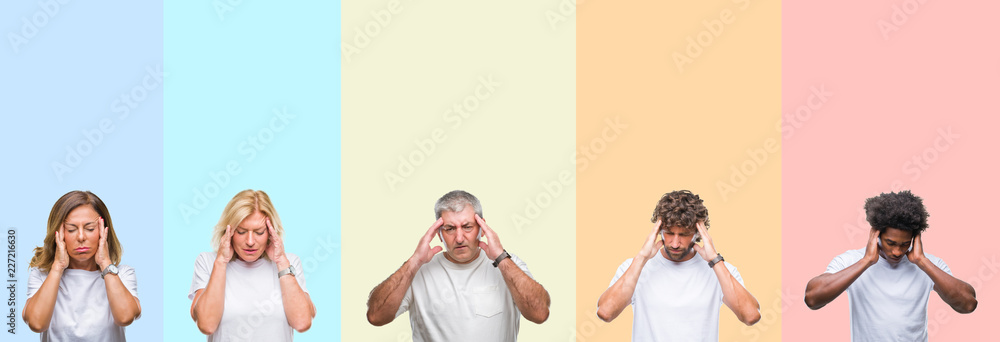 Naklejka premium Collage of group of young and middle age people wearing white t-shirt over color isolated background with hand on head for pain in head because stress. Suffering migraine.
