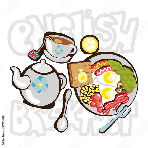 English Breakfast cartooning illustration. English breakfast fun objects, icons with deroration elements - teapot, cup, plate with food. Traditional English breakfast. Hand drawn illustration of a