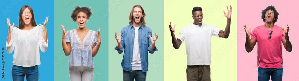 Composition of african american, hispanic and chinese group of people over vintage color background crazy and mad shouting and yelling with aggressive expression and arms raised. Frustration concept. Composition of african american, hispanic and chinese group of people over vintage color background crazy and mad shouting and yelling with aggressive expression and arms raised. Frustration concept.