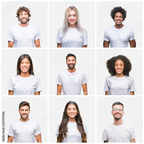 Collage of group of people wearing casual white t-shirt over isolated background with a happy and cool smile on face. Lucky person.