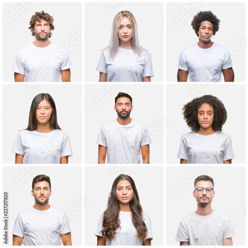 Collage of group of people wearing casual white t-shirt over isolated background with serious expression on face. Simple and natural looking at the camera.