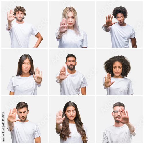 Collage of group of people wearing casual white t-shirt over isolated background doing stop sing with palm of the hand. Warning expression with negative and serious gesture on the face.