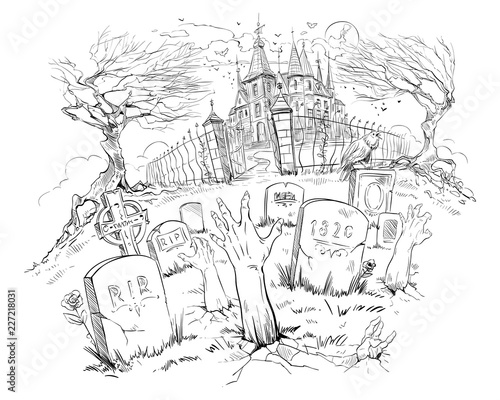 Halloween illustration. Old castle, hands of zombies on the background of the cemetery. Hand drawn vector picture.