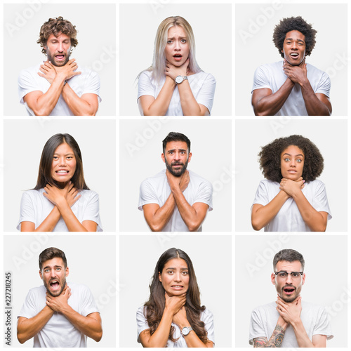 Cuadro en lienzo Collage of group of people wearing casual white t-shirt over isolated background shouting and suffocate because painful strangle