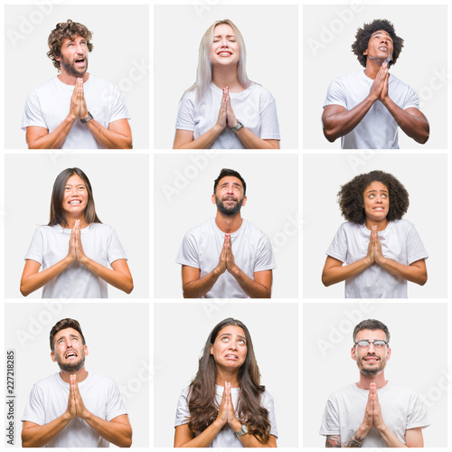 Collage of group of people wearing casual white t-shirt over isolated background begging and praying with hands together with hope expression on face very emotional and worried. Asking for forgiveness photo