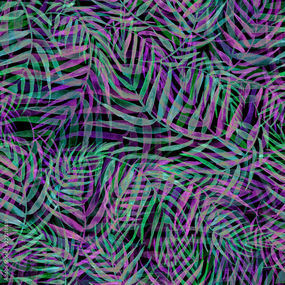 Seamless watercolor pattern, background. Palm leaf background, postcard. pink, green, purple tropical palm leaf. Illustration for design wedding invitations, greeting cards, postcards. Seamless watercolor pattern, background. Palm leaf background, postcard. pink, green, purple tropical palm leaf. Illustration for design wedding invitations, greeting cards, postcards.