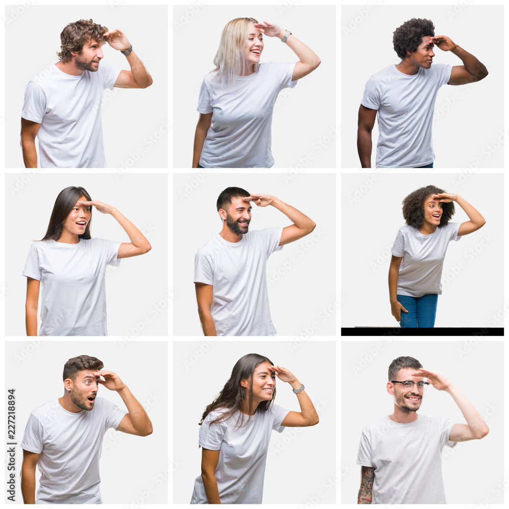 Collage of group of people wearing casual white t-shirt over isolated background very happy and smiling looking far away with hand over head. Searching concept. Collage of group of people wearing casual white t-shirt over isolated background very happy and smiling looking far away with hand over head. Searching concept.
