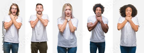 Bilde på lerret Collage of group of young people wearing white t-shirt over isolated background shouting and suffocate because painful strangle