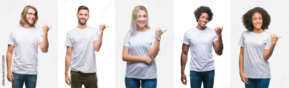 Collage of group of young people wearing white t-shirt over isolated background smiling with happy face looking and pointing to the side with thumb up. Collage of group of young people wearing white t-shirt over isolated background smiling with happy face looking and pointing to the side with thumb up.