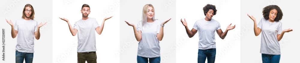 Collage of group of young people wearing white t-shirt over isolated background clueless and confused expression with arms and hands raised. Doubt concept.