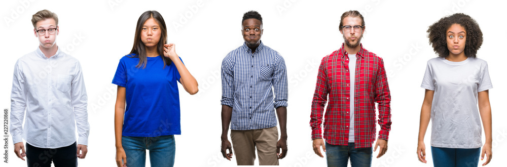 Collage of group of young asian, caucasian, african american people over isolated background puffing cheeks with funny face. Mouth inflated with air, crazy expression. Collage of group of young asian, caucasian, african american people over isolated background puffing cheeks with funny face. Mouth inflated with air, crazy expression.