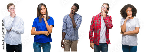 Collage of group of young asian  caucasian  african american people over isolated background with hand on chin thinking about question  pensive expression. Smiling with thoughtful face. Doubt concept.