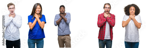 Cuadro en lienzo Collage of group of young asian, caucasian, african american people over isolated background shouting and suffocate because painful strangle