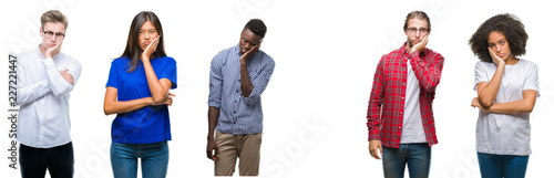Collage of group of young asian, caucasian, african american people over isolated background thinking looking tired and bored with depression problems with crossed arms.